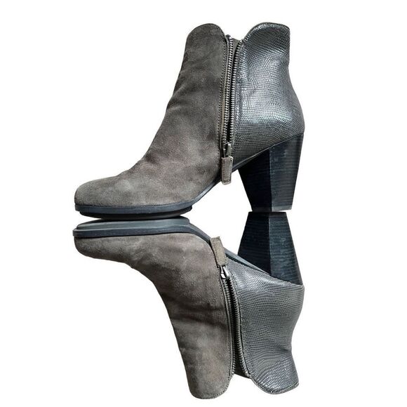 Eileen Fisher 9 Gray Suede Ankle Boot Wood Heel Patent Ankle - Picture 2 of 12
